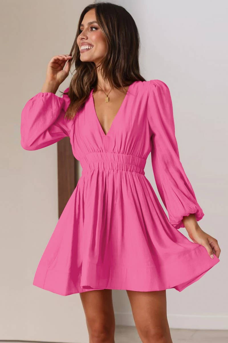 CWDSD8601_FALL V-NECK PLEATED RUFFLED FRENCH DRESS