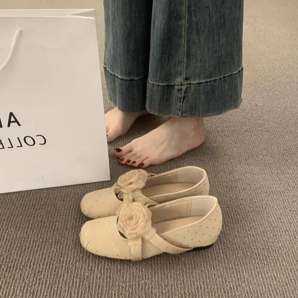 Floral Wedge Round Toe Cross Strap Mary Janes