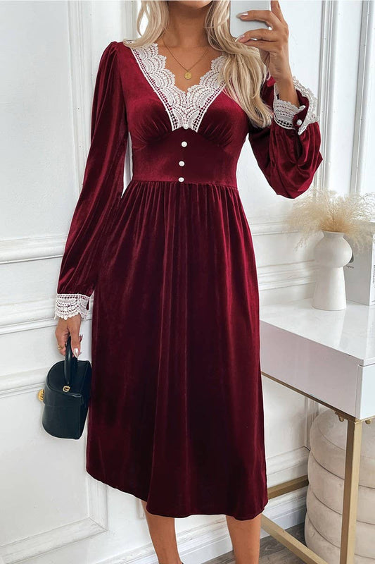 CWDMD4805_V-NECK LACE PANEL CONTRAST COLOR DRESS