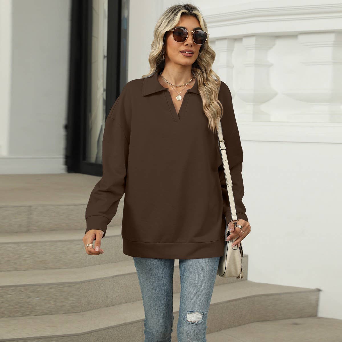 Solid color lapel baggy long-sleeved hoodie