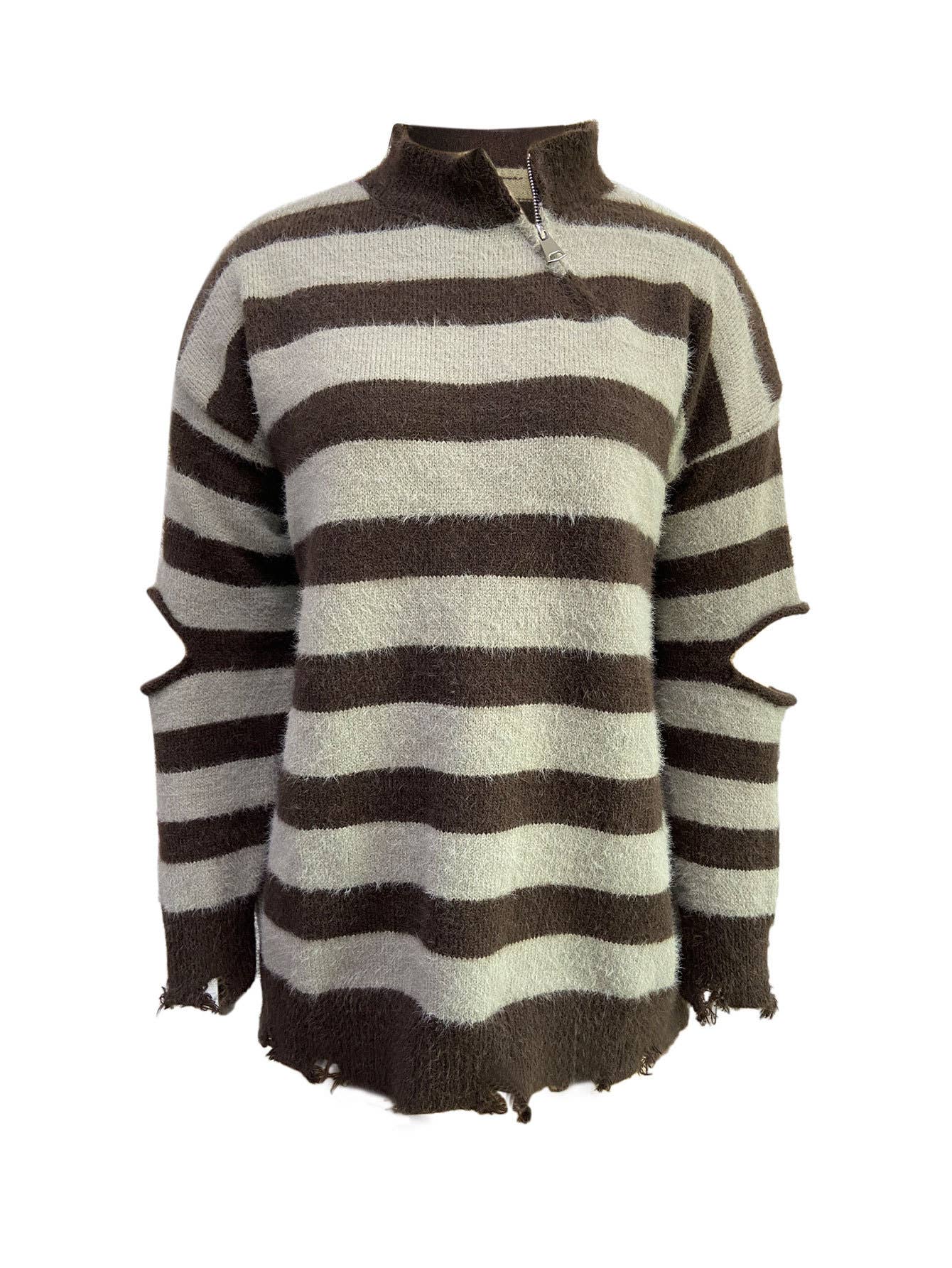 Striped sleeves hollow-out knitting sweaters