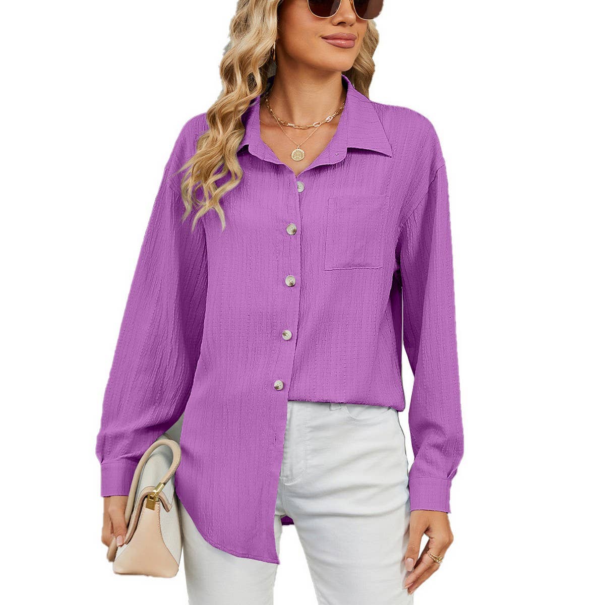 Long sleeve lapel button solid color shirt
