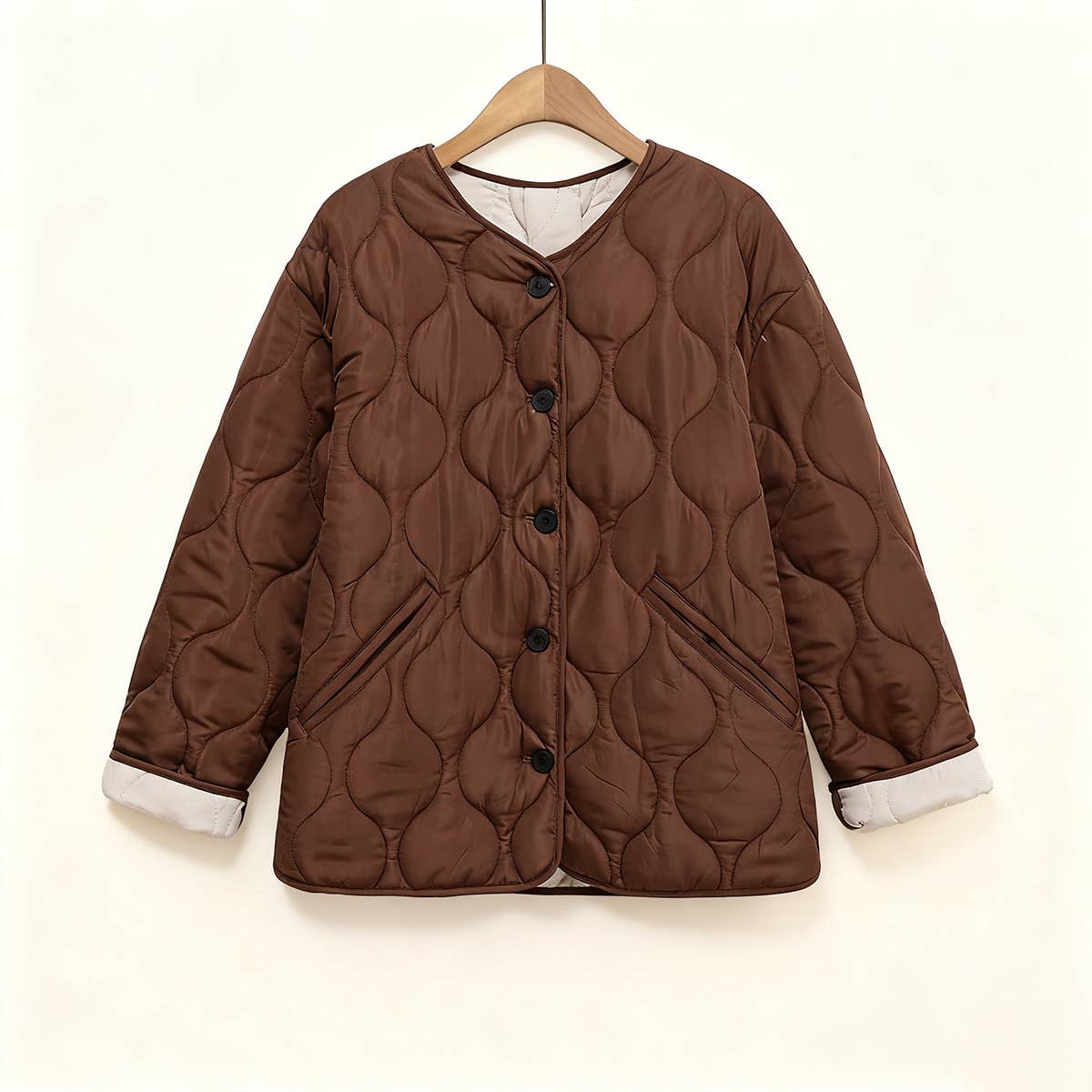 Simple quilted cotton-padded round-neck coat