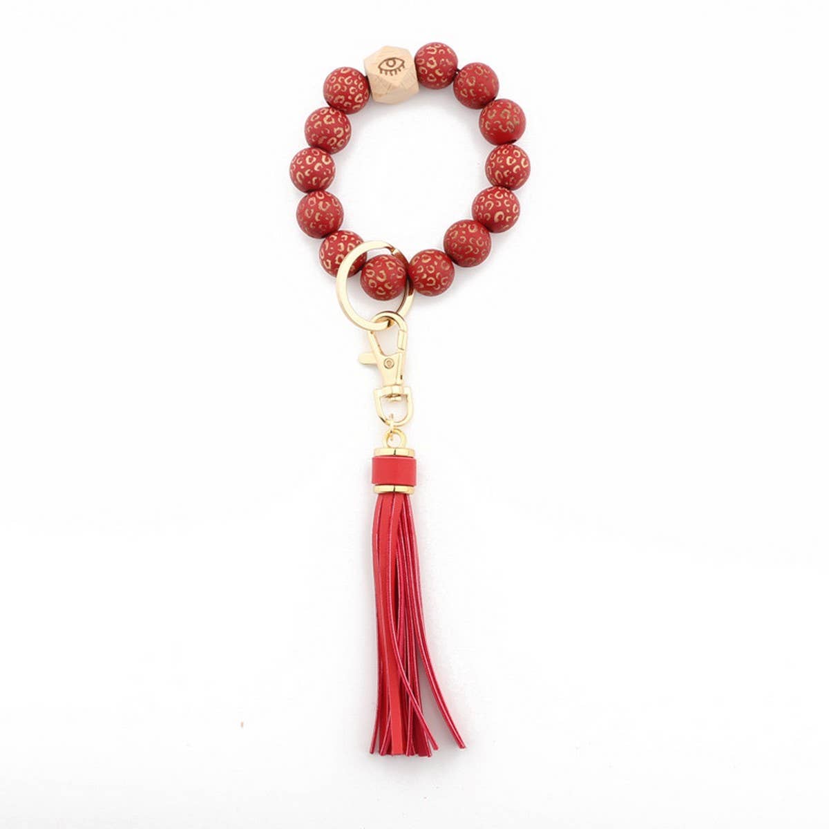 Leopard Wood Bead Bracelet Keychain with Tassel