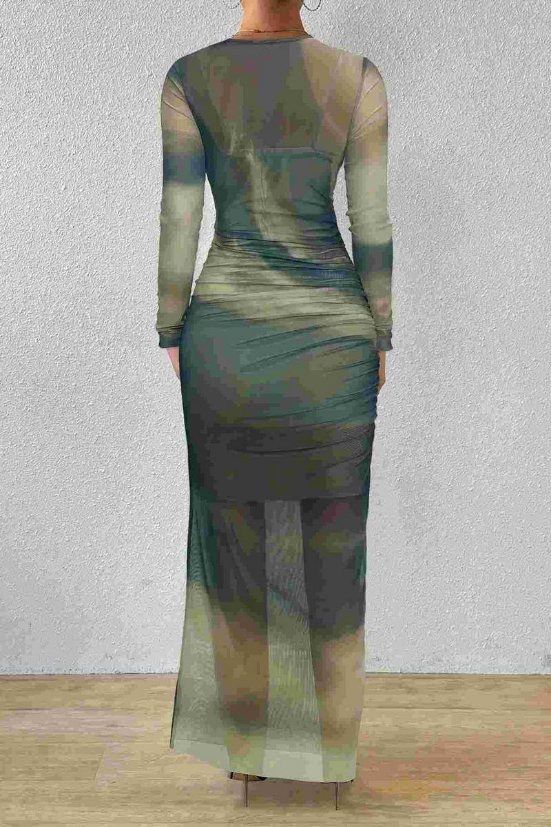 CWDMD4881_TIE-DYE PLEATED ROUND NECK LONG SLEEVE DRESS