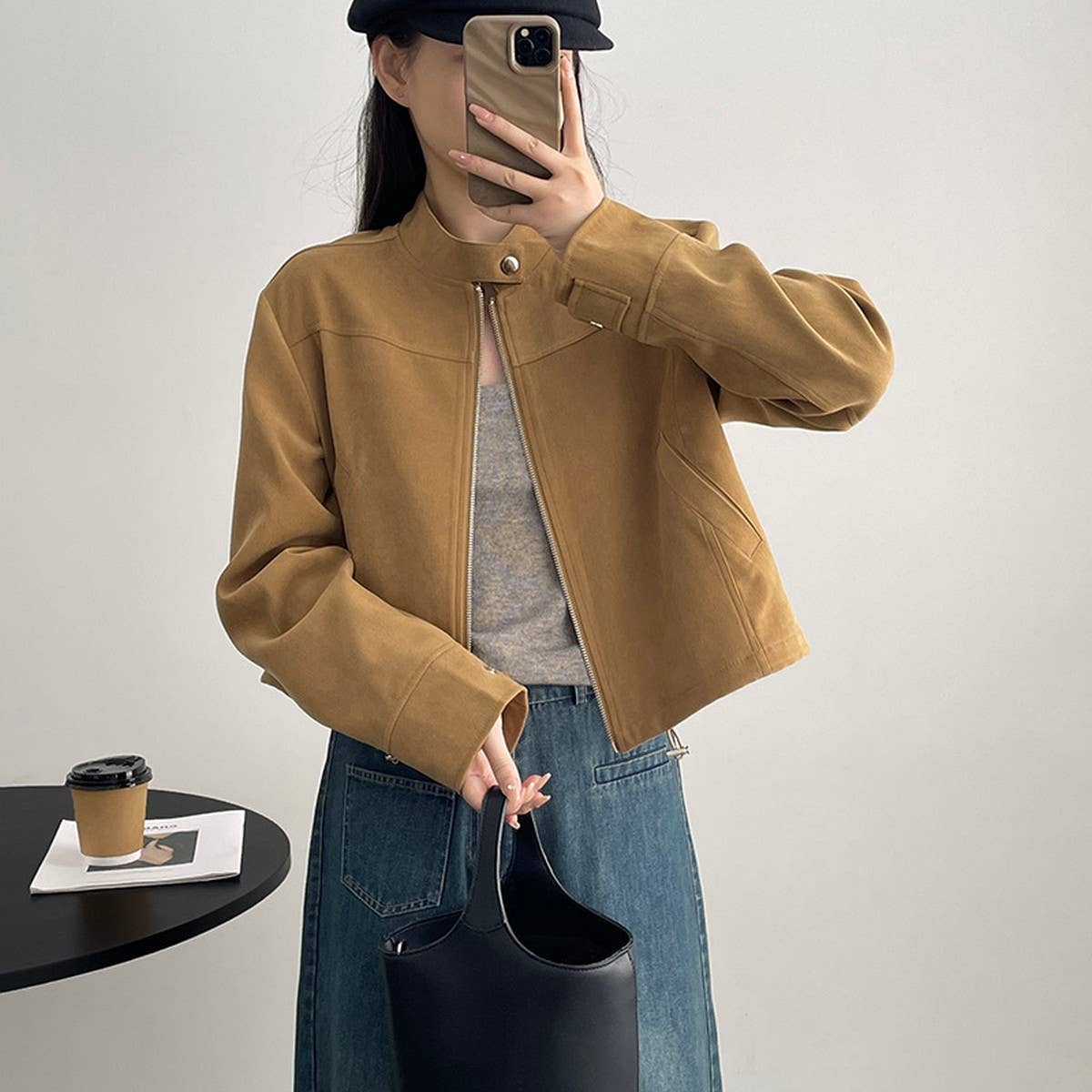 Vintage stand-up collar suede short jacket