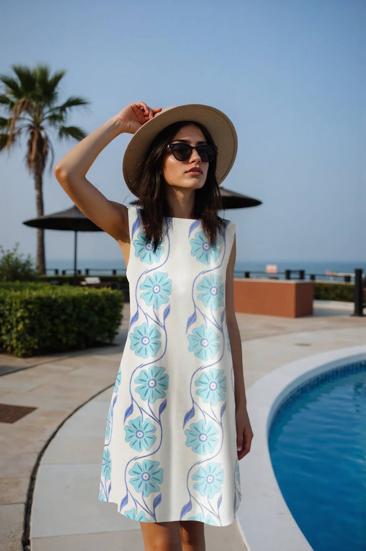 Straight, sleeveless, round-neck floral dress