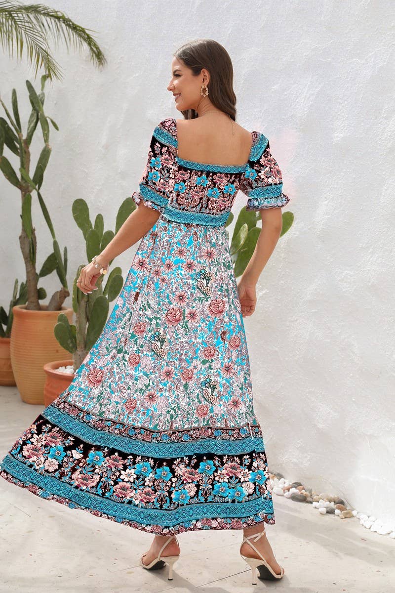 CWDMD2149_PRINTED ONE SHOULDER PUFF SLEEVE MIDI DRESS