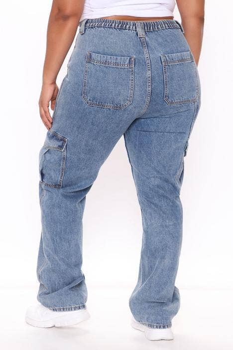HIGH-WAISTED ELASTIC-WAISTBAND BAGGY CARGO JEANS