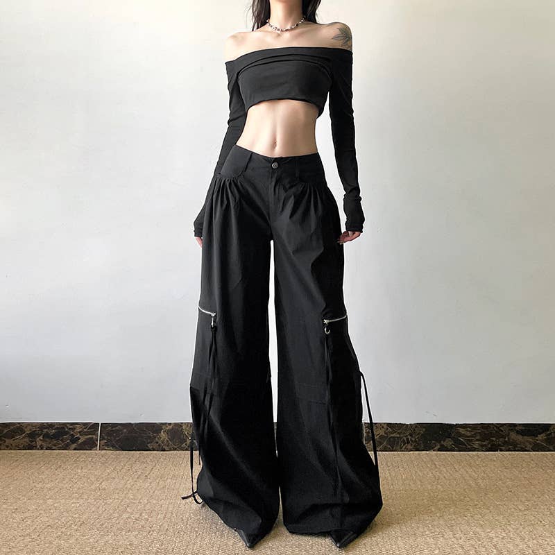 LOOSE STRAIGHT LEG PANTS WITH MULTI-POCKET ZIPPER