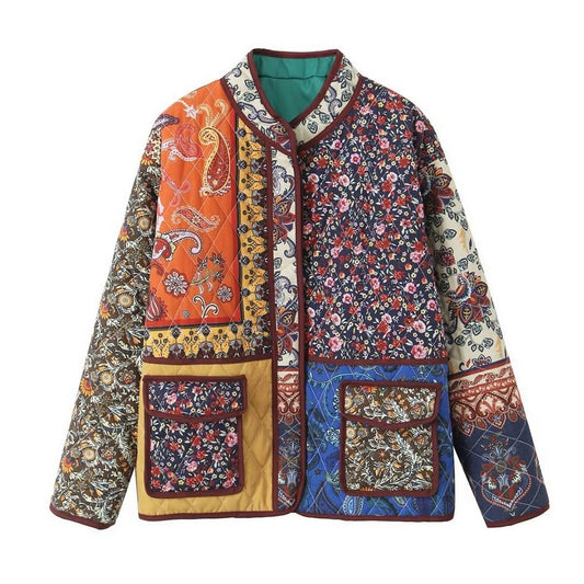 VINTAGE PRINT LOOSE FIT QUILTED JACKET WITH POCKET