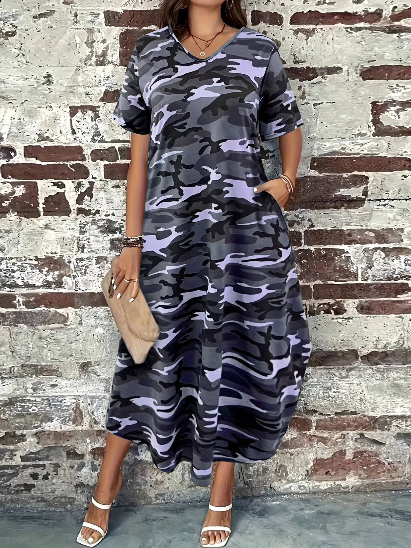 Long loose camouflage printed dress
