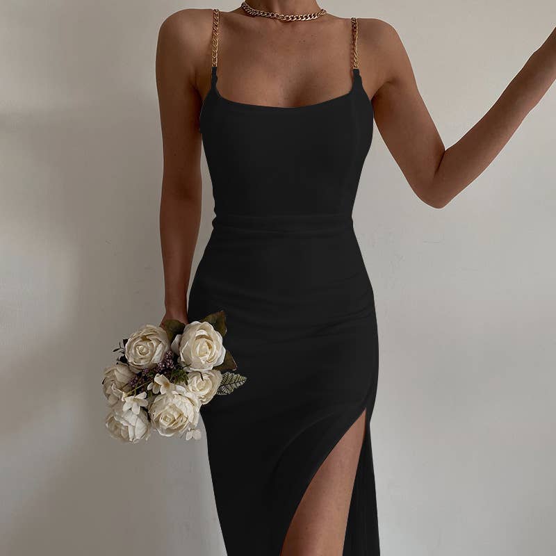 SEXY HIGH SLIT SLIM CHAIN HALTER DRESS