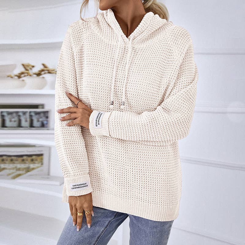 Solid color hooded drawstring knit sweater