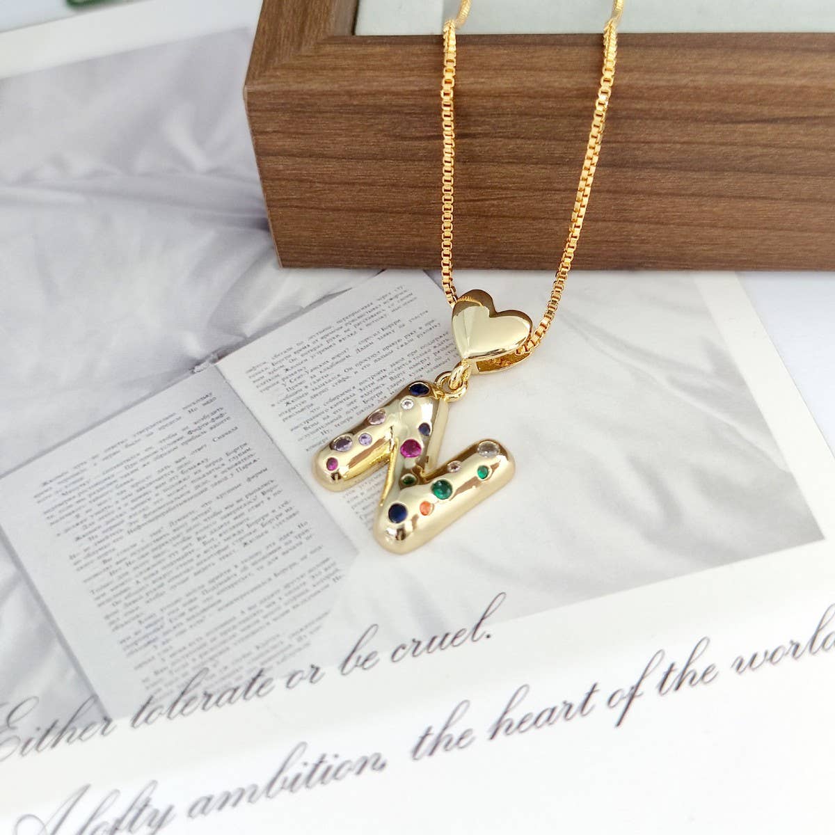 Colorful Zirconia Heart Letter Pendant Necklace