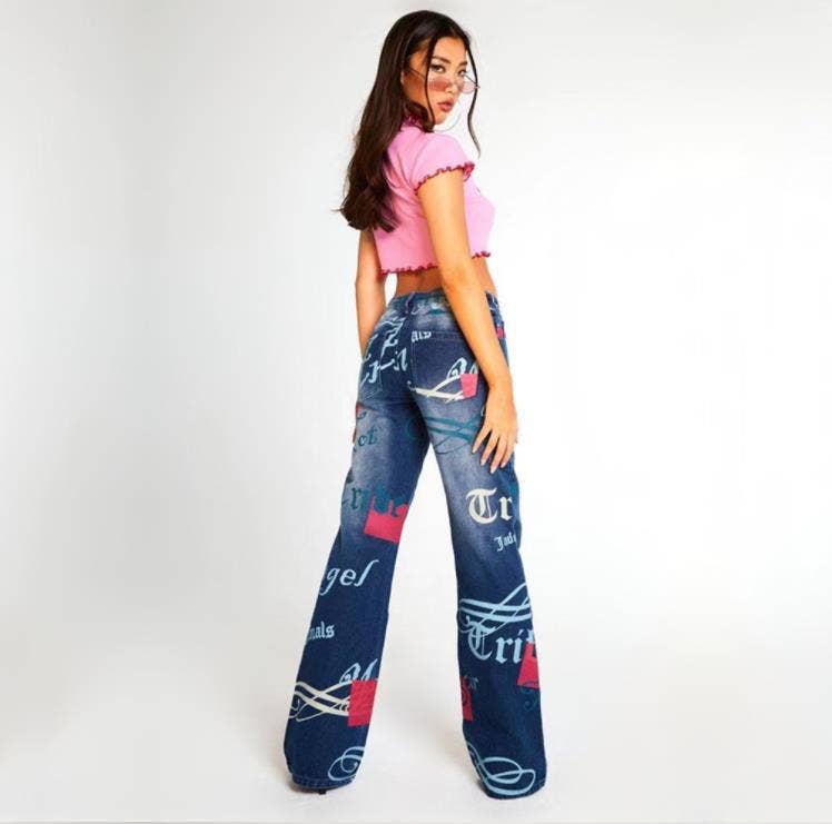 Letter Print Wide Leg Straight Denim Jeans