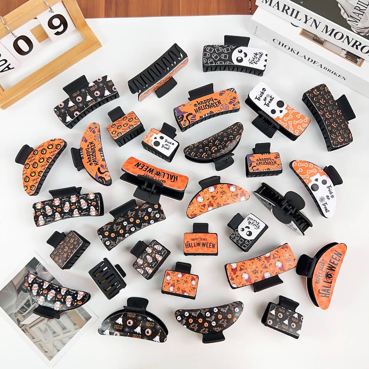 Gothic Halloween Claw Clip, Pumpkin & Ghost Design_CWAHA1443