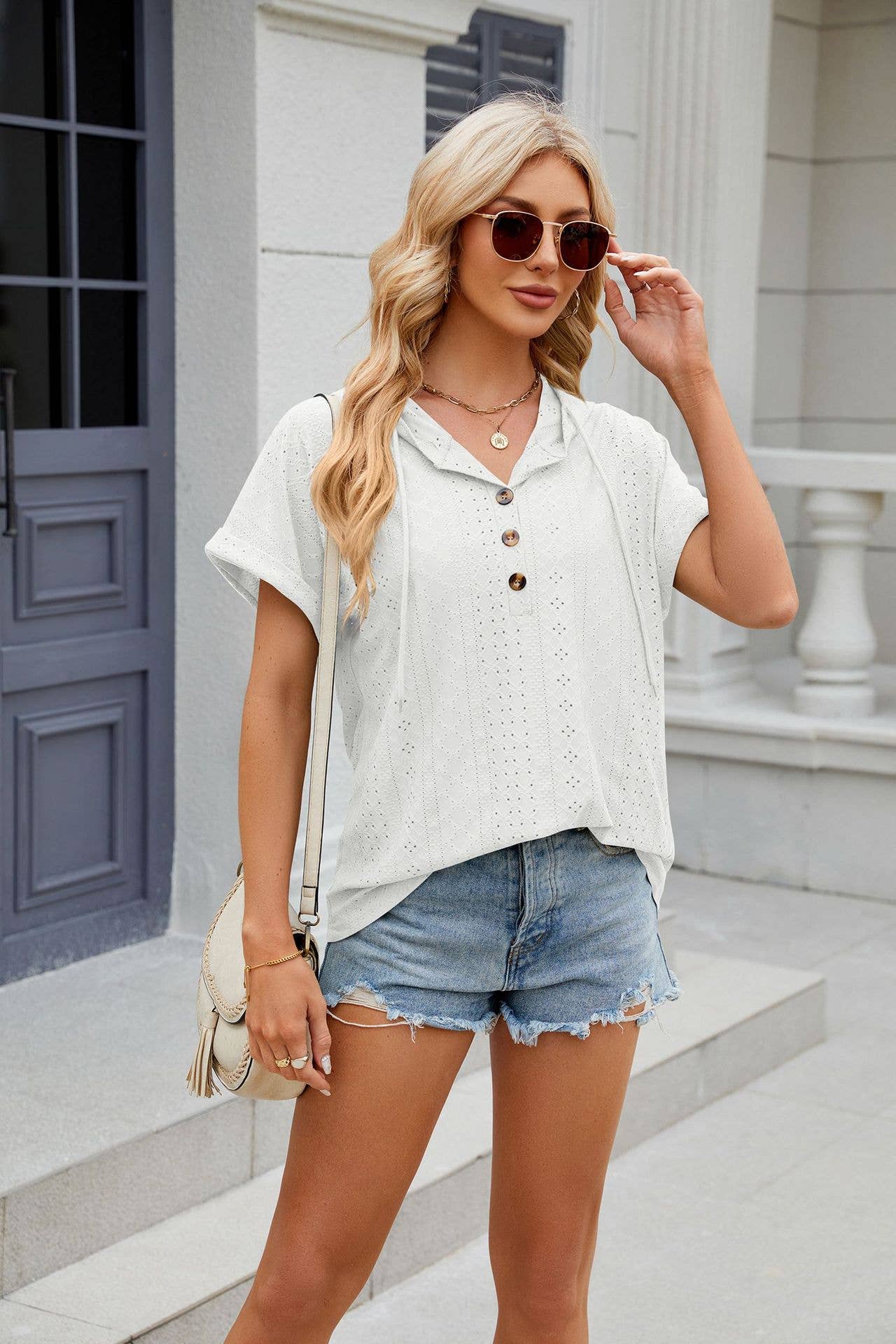 Solid color half-breasted hooded loose T-shirt