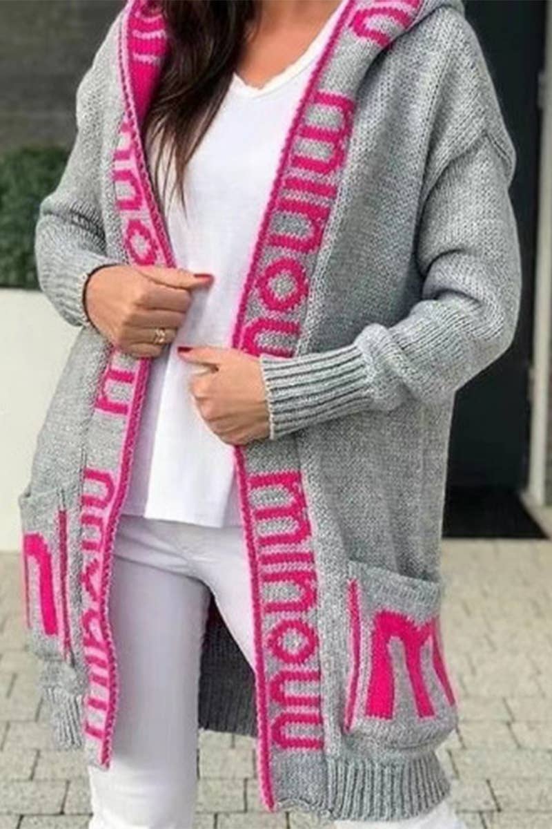HOODED LETTER KNIT LONG SWEATER COAT