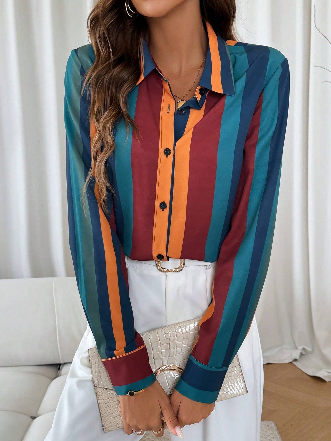 LONG SLEEVE COLOR CONTRAST STRIPED LAPEL SHIRT