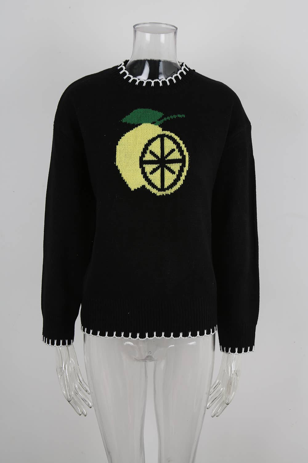 Lemon jacquard round-neck long-sleeved sweater