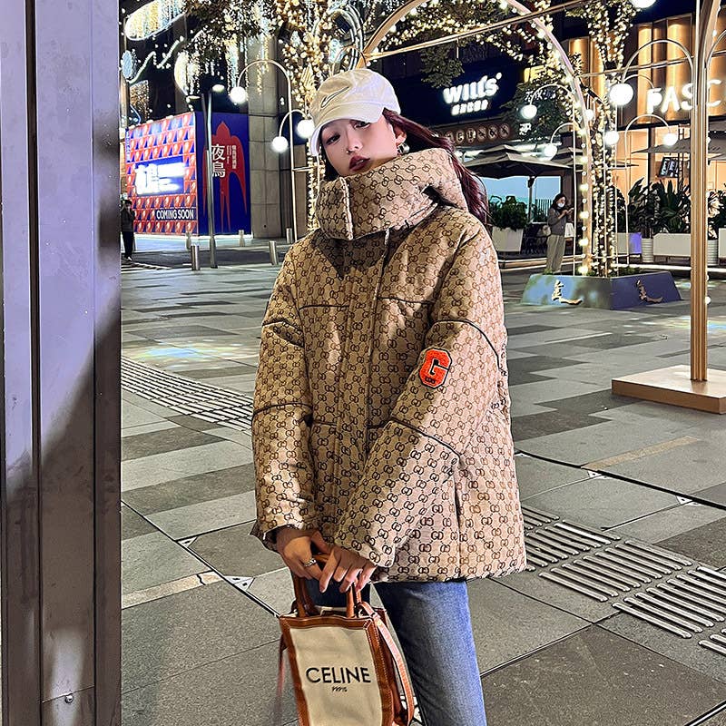 Stand-up collar short plaid hooded padded jacket