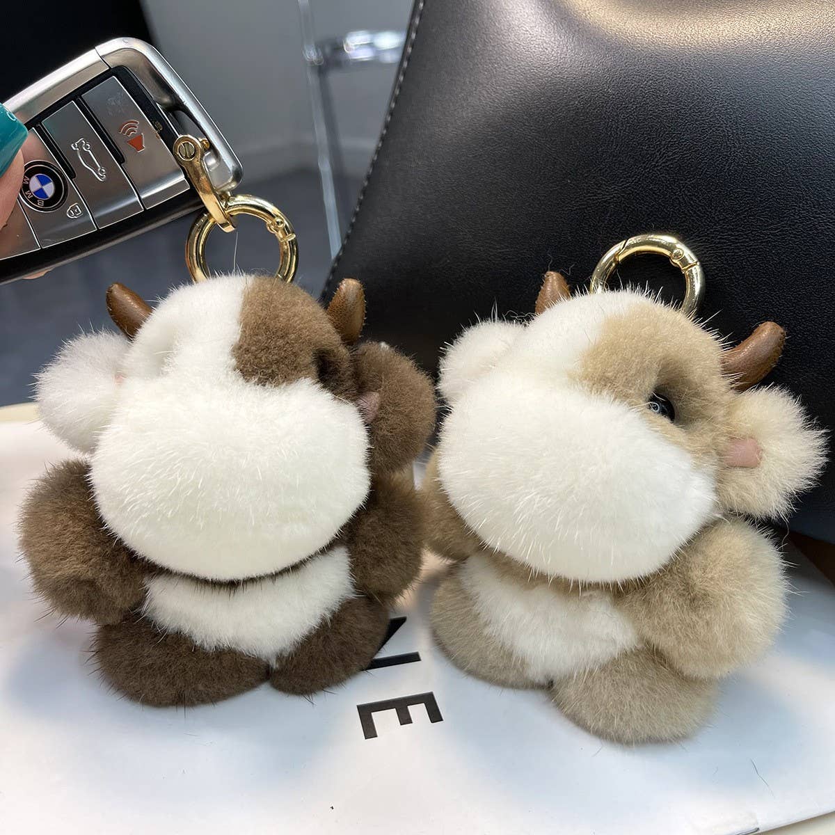 CUTE CALF MINK FUR COW CAR KEYCHAIN PENDANT GIFT