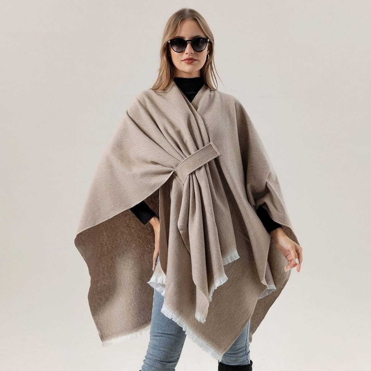 SHAWL KNITTED SOLID COLOR OBLIQUE STRAP CAPE
