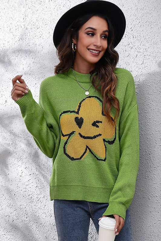 Cwoswl4070_Flower Smiley Face Jacquard Knit Sweater