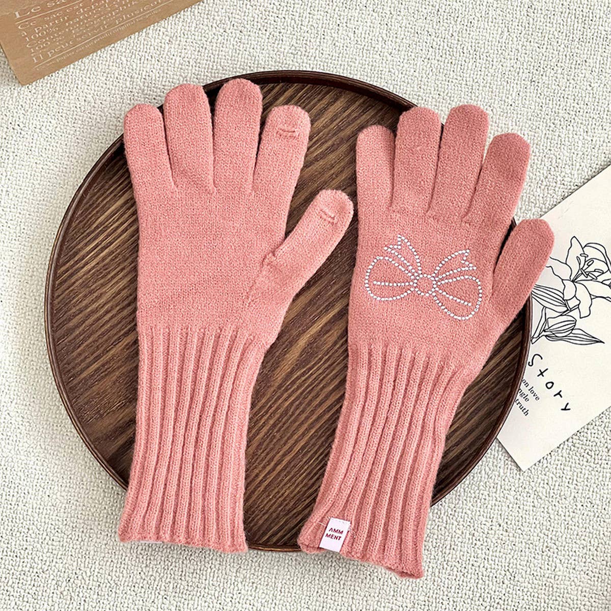 RHINESTONE BOW TOUCH SCREEN FIVE-FINGER GLOVES_CWAG0141