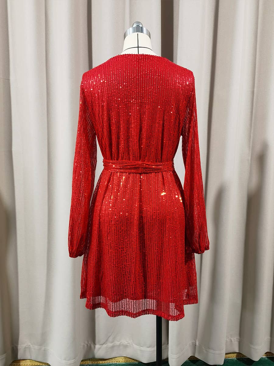 Sequined and beaded short waist-cinching dress