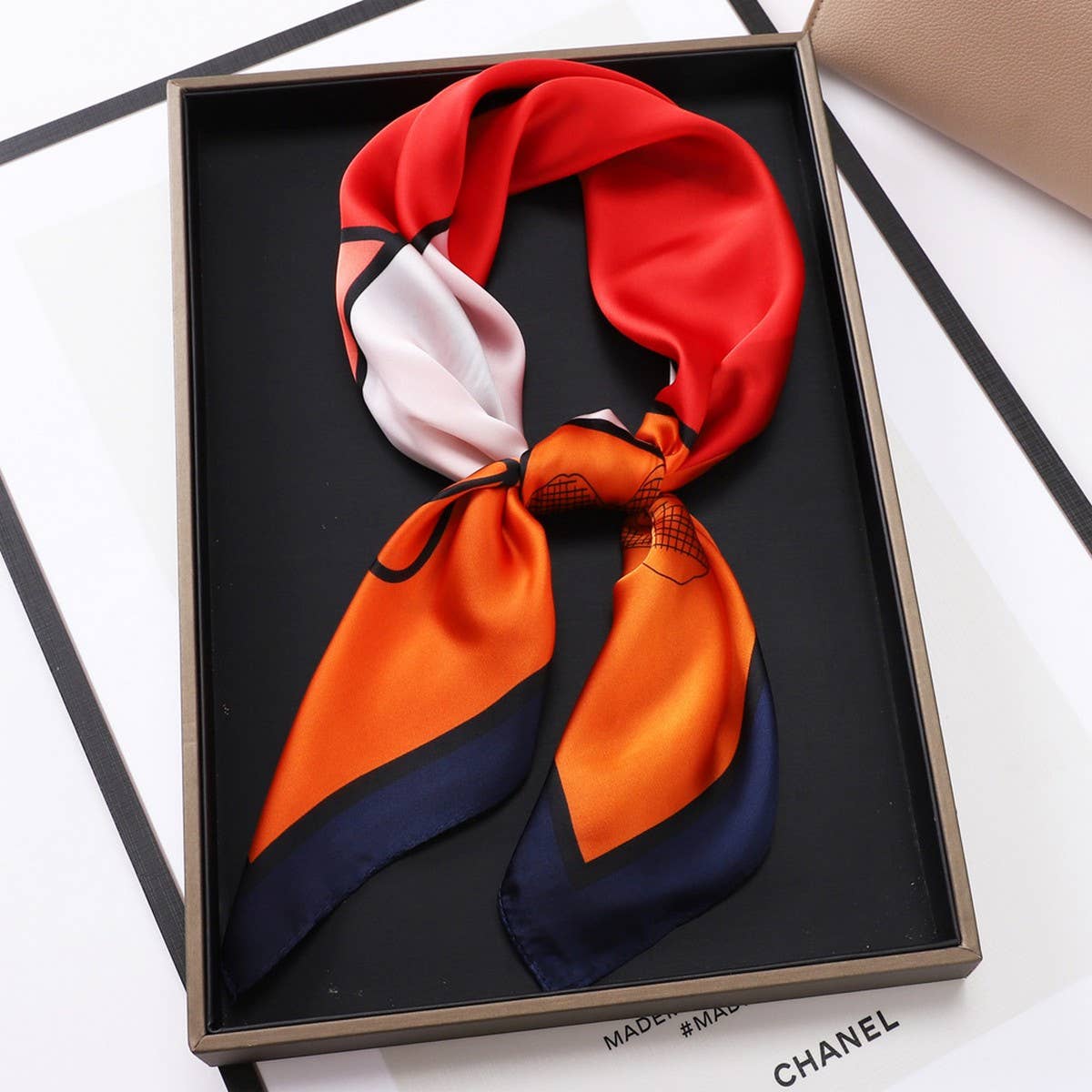 Vintage Letter Print Satin Square Scarf for Women