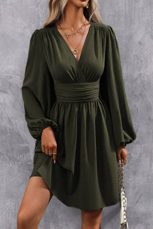 CWDSD8399_V NECK LANTERN SLEEVE RUCHED WAIST DRESS