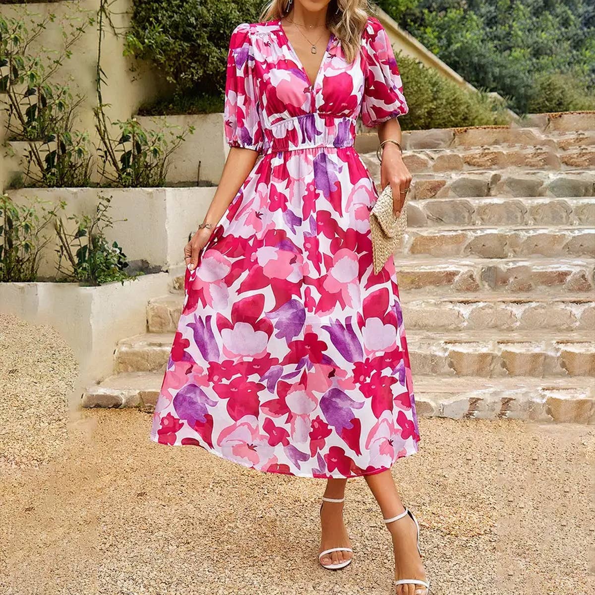 TEMPERAMENT WAIST V NECK PRINTED DRESS_CWDSD2401