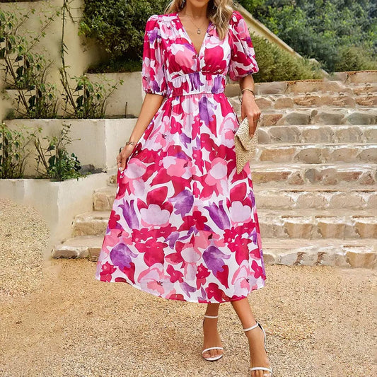 TEMPERAMENT WAIST V NECK PRINTED DRESS_CWDSD2401