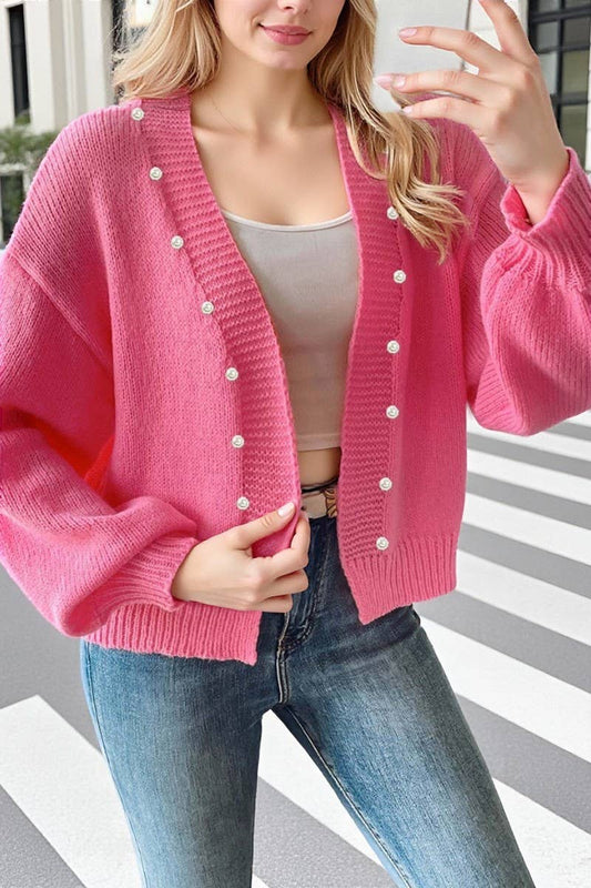 CWOSWL07334_WOMEN PEARL BEADED OPEN FRONT KNIT CARDIGAN