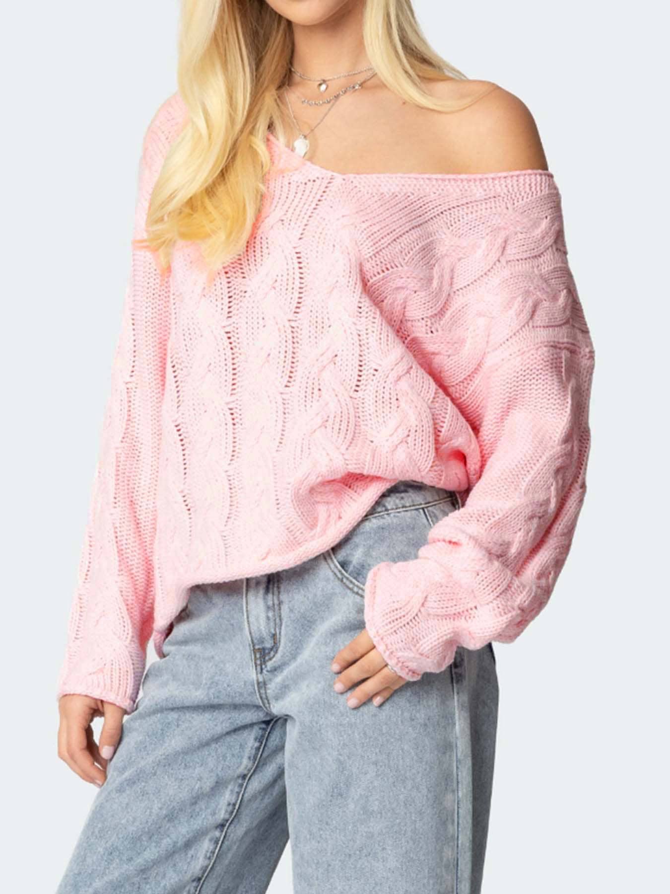 Solid-color laid-back V-neck twisted knit sweater