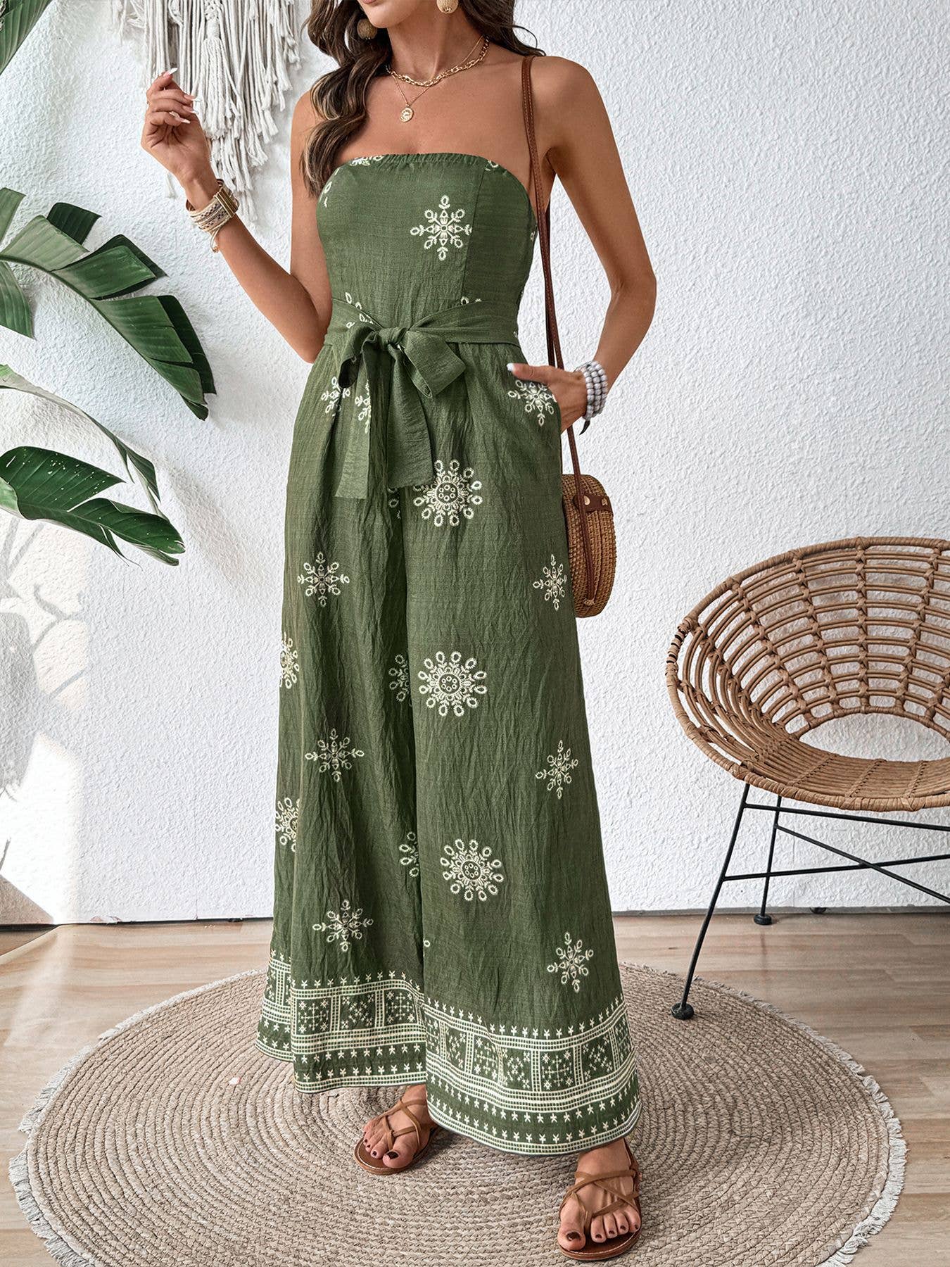 Strapless snowflake print high-waisted jumpsuits