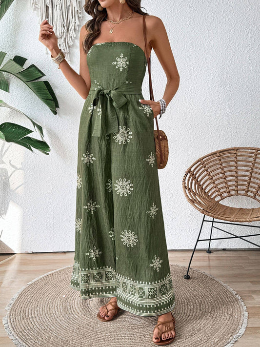 Strapless snowflake print high-waisted jumpsuits