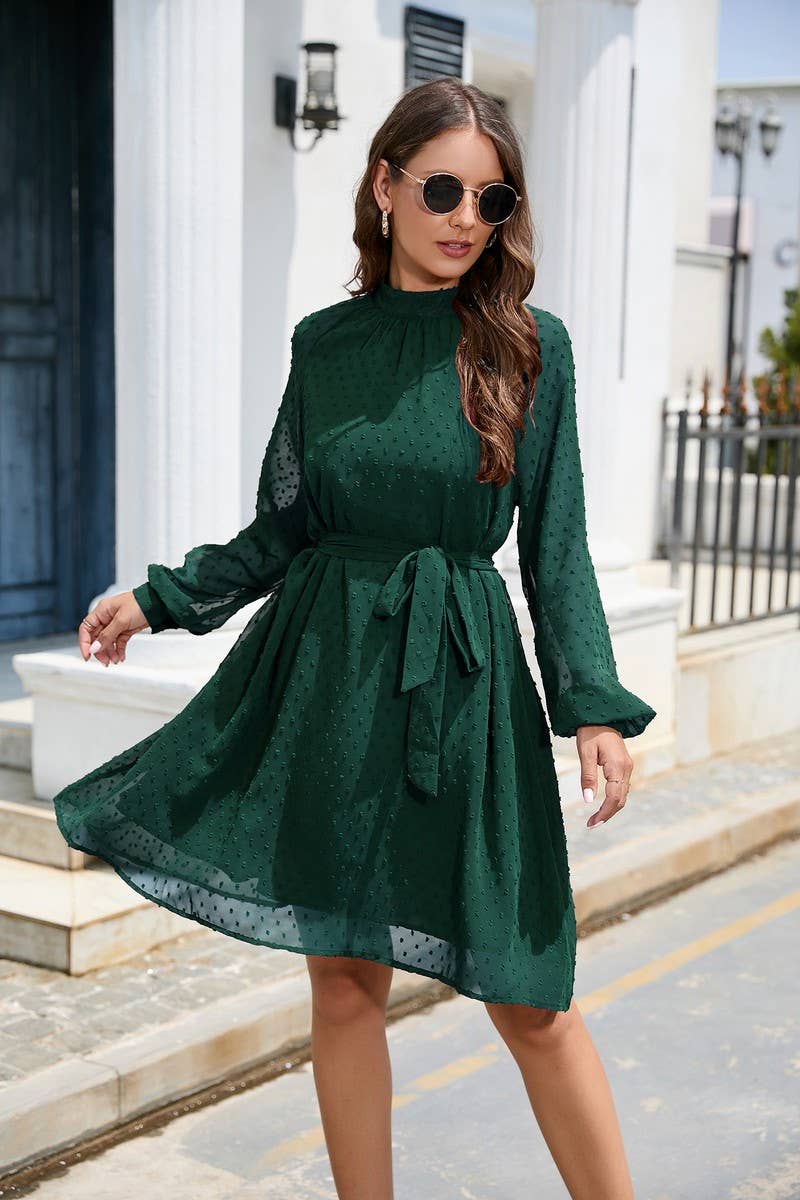 CWDSD5810_MID-NECK LONG-SLEEVED CHIFFON POMPOM BELT DRESS