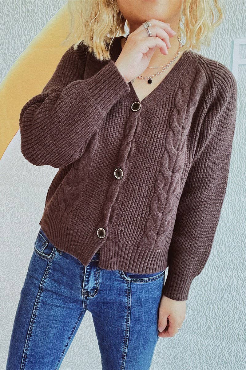 V-neck thick needle hemp flower short cardigan