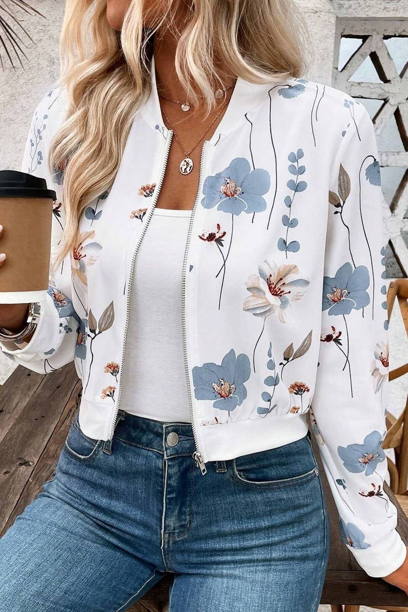 CWOCO1135_FLORAL PRINT LONG SLEEVE CROPPED ZIP-UP JACKET