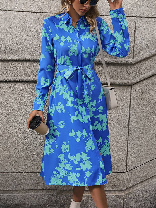Printed lapel shirt dress
