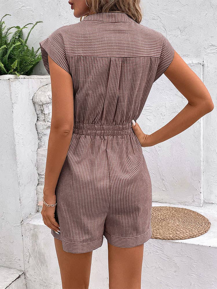 PINSTRIPE LACE-UP SHORT-SLEEVED JUMPSUIT