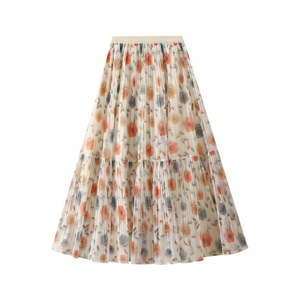 Reversible Rose Print Tulle Pleated Maxi Skirt