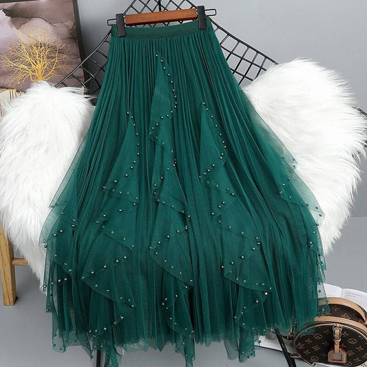BEADED MESH PLEATED SKIRT A LINE TULLE SKIRT_CWBLS0398