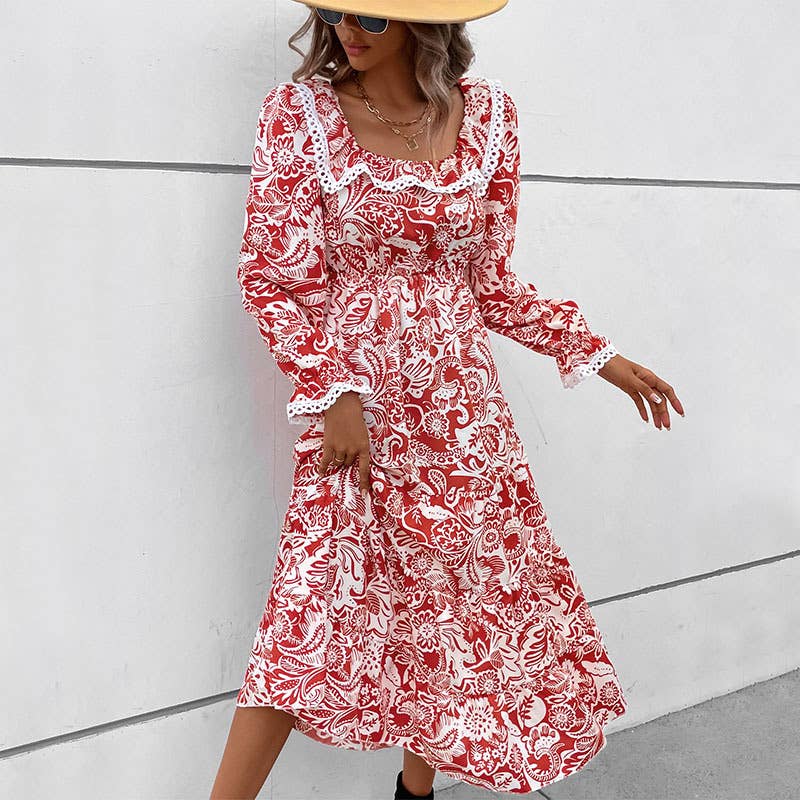 LACE SQUARE COLLAR LONG-SLEEVED PRINTED DRESS