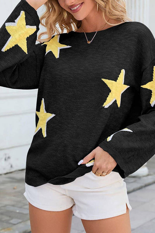 Five-pointed jacquard knitted long-sleeved sweater
