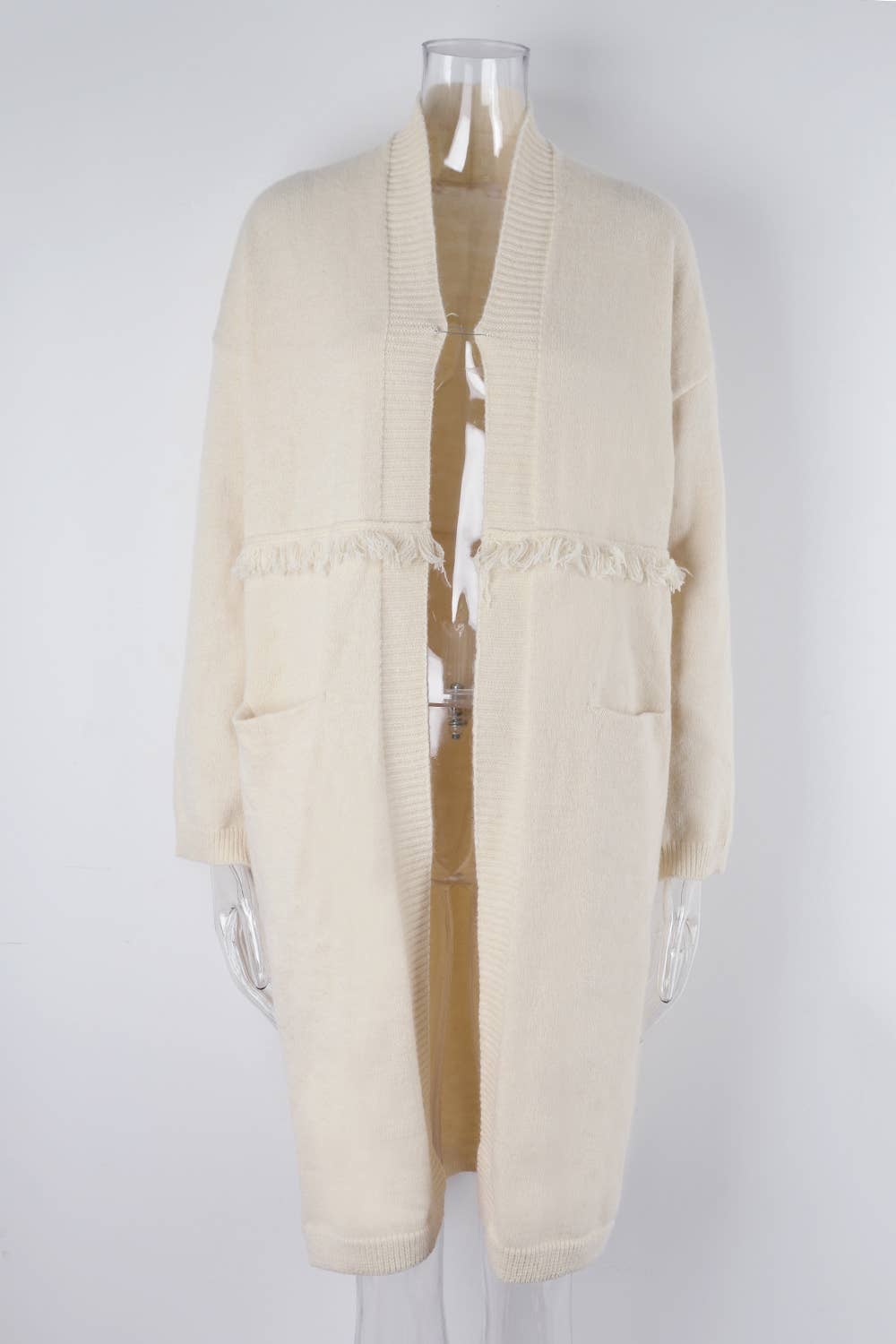 LONG CARDIGAN POCKET STYLE FRINGE COAT SWEATER