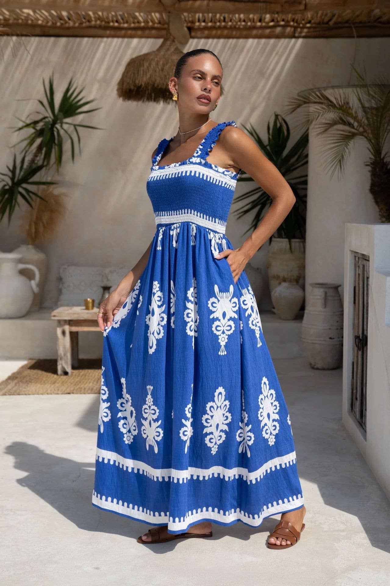 Ethnic-style printed loose-fitting halter dress